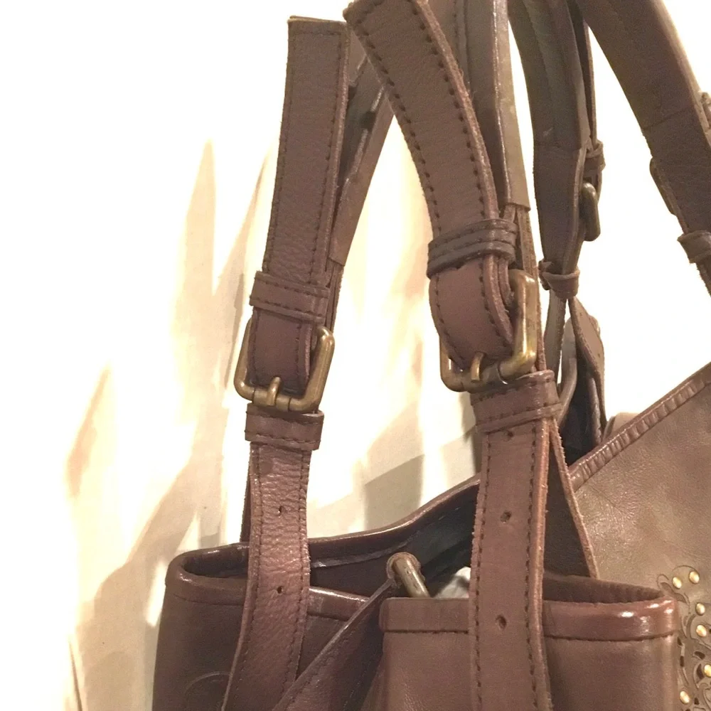 🆕 Platania Brown Italian Leather Large Satchel Slouchy Bag  Stud Details